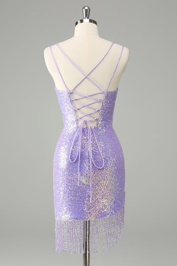 Unique Sparkly Lilac Tight Sequins Short Homecoming Dress with Tassels